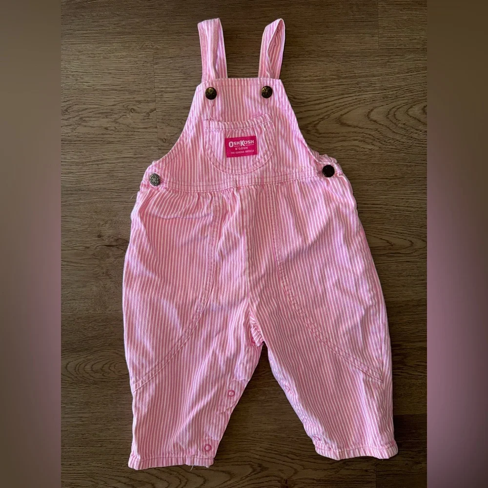 Vintage USA OshKosh B'gosh Pink Striped 100%Cotton Overalls Baby Girl 24 Months
